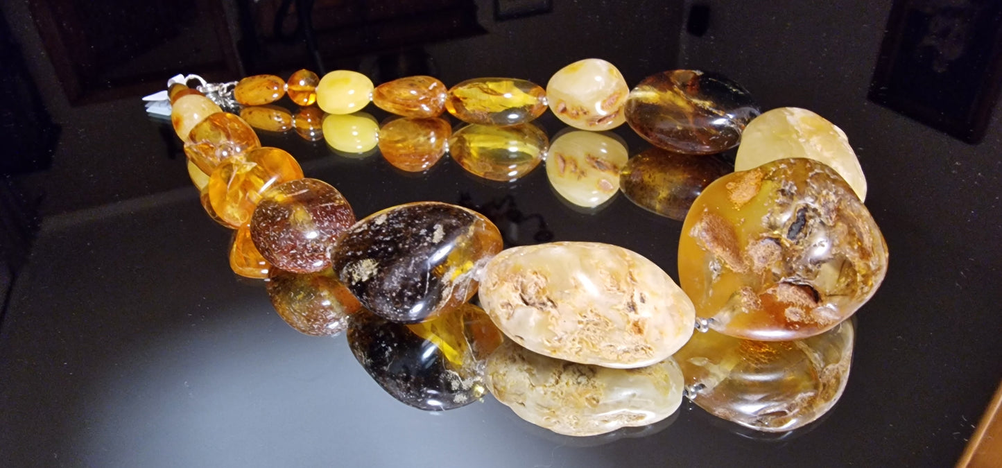 Big Ball Multicolor Amber Necklace is handmade from Natural Baltic Amber  Color: Unique Chalk, Milky Yellow, Clear Yellow-Cognac, with natural Ingrowth and Mosaic, Half Mat  Clasp:&nbsp;Silver Spring Ring  Weight: 164g / 5.78oz