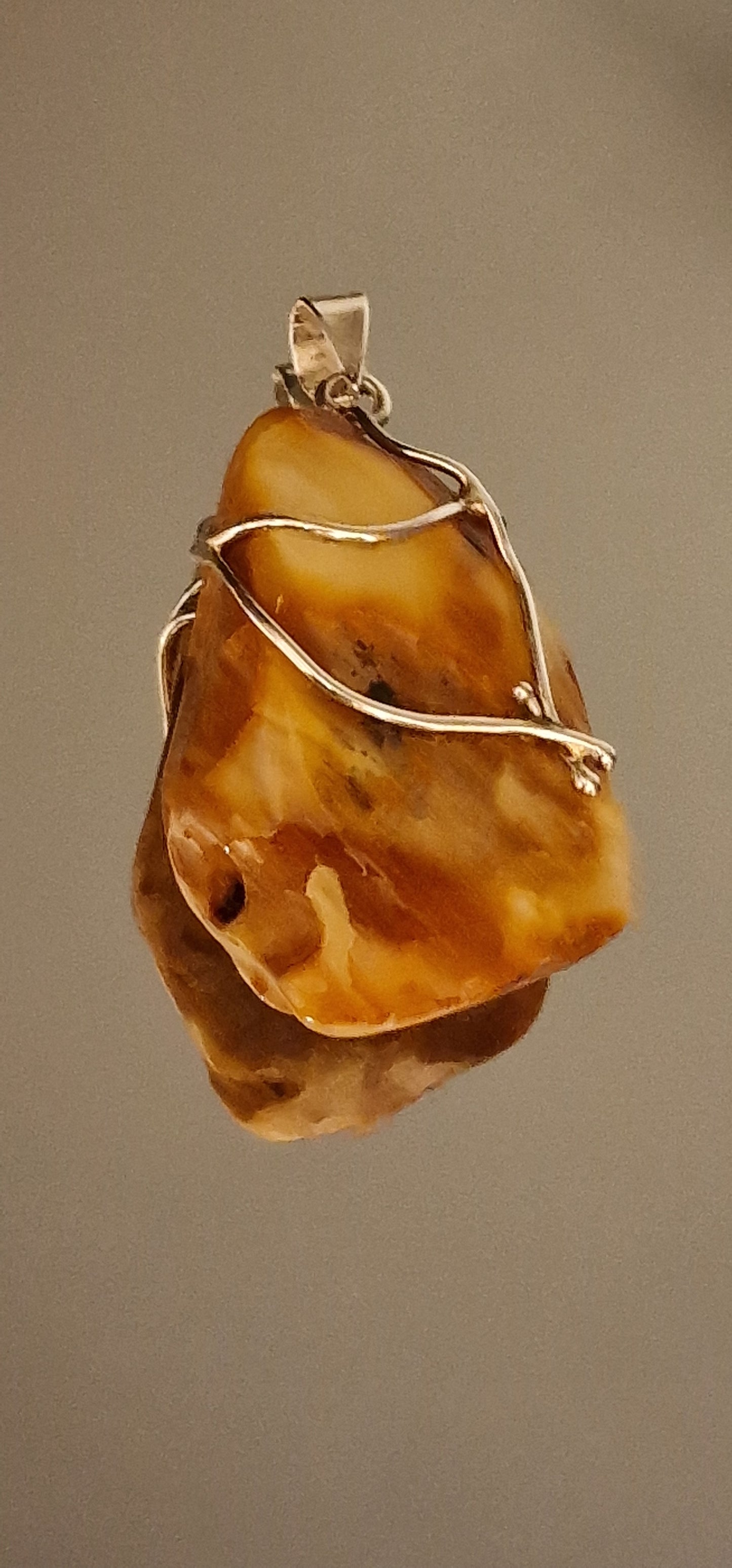 Unique Chalk Milky-Honey Amber Pendant "Beaty in a Cage"