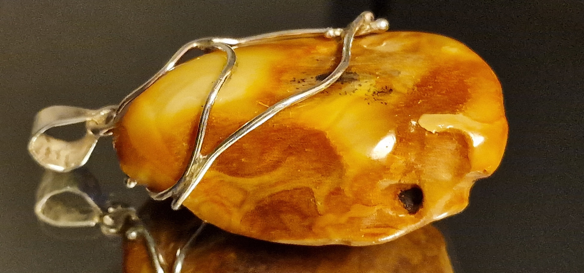 Unique Chalk Milky-Honey Amber Pendant "Beaty in a Cage"