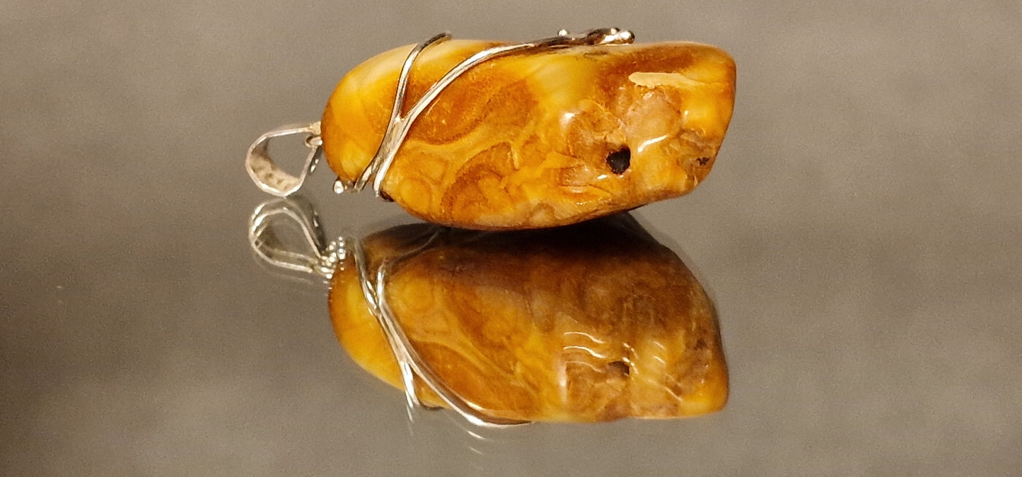 Unique Chalk Milky-Honey Amber Pendant "Beaty in a Cage"