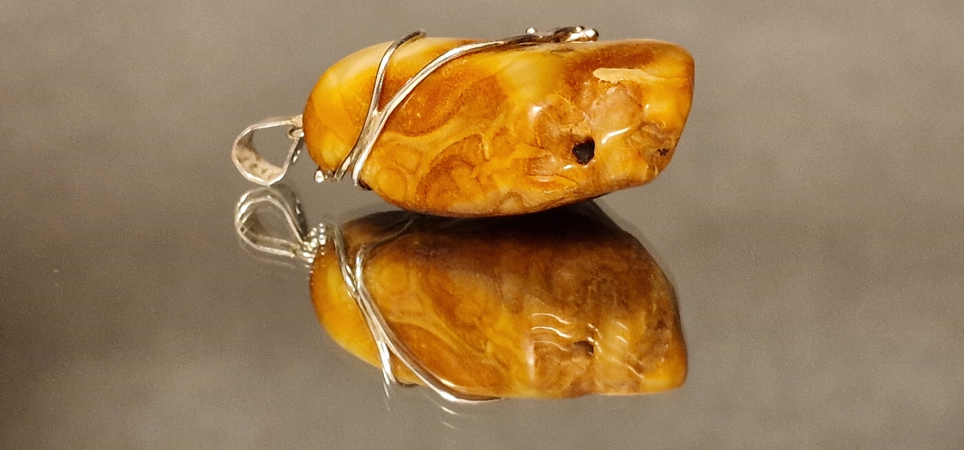 Unique Chalk Milky-Honey Amber Pendant "Beaty in a Cage"