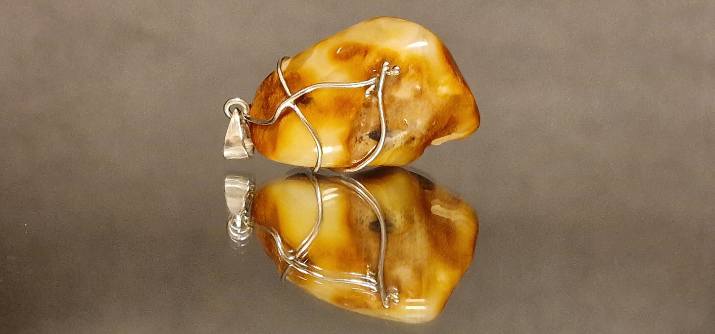 Unique Chalk Milky-Honey Amber Pendant "Beaty in a Cage"