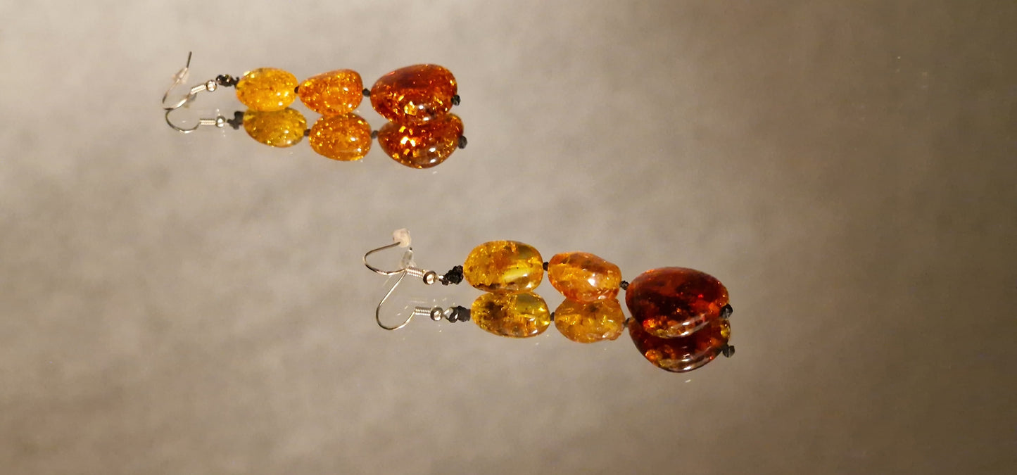 Natural Three Beads Amber Earrings