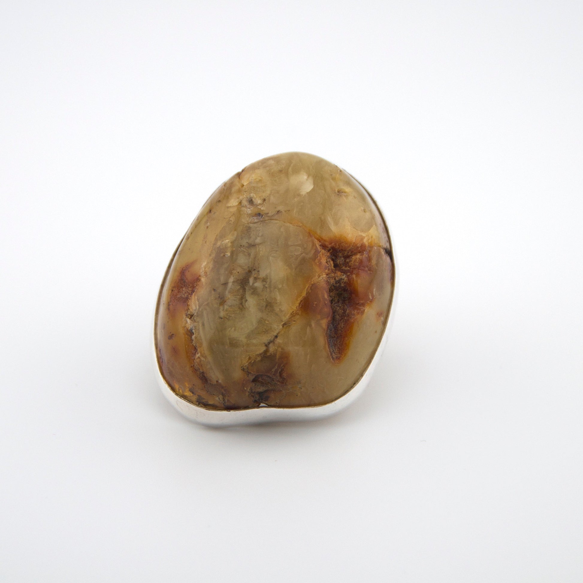 Natural Amber Ring in Solid Silver Natural Baltic Amber Stone Slightly polished with visible bark Foggy mixed White-Green-Brown inclusions Stone Size 5cm x 6cm Size adjustment Handmade